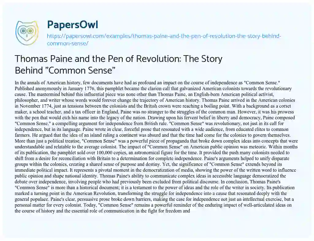 Essay on Thomas Paine and the Pen of Revolution: the Story Behind “Common Sense”