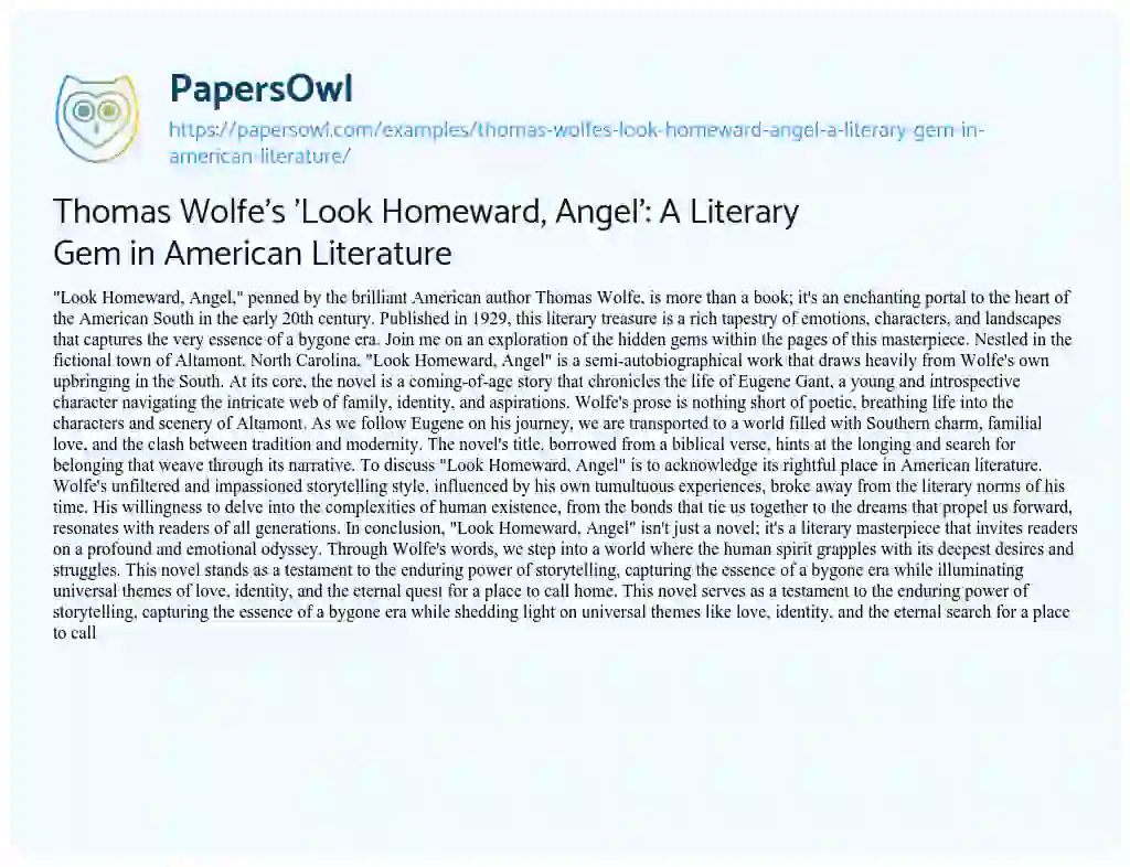 Essay on Thomas Wolfe’s ‘Look Homeward, Angel’: A Literary Gem in American Literature