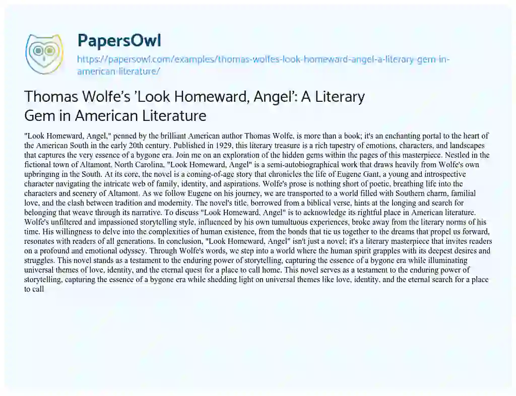 Essay on Thomas Wolfe’s ‘Look Homeward, Angel’: a Literary Gem in American Literature