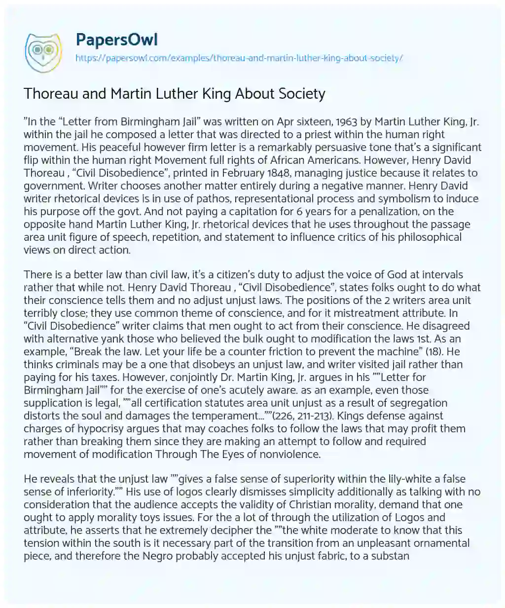 Essay on Thoreau and Martin Luther King about Society
