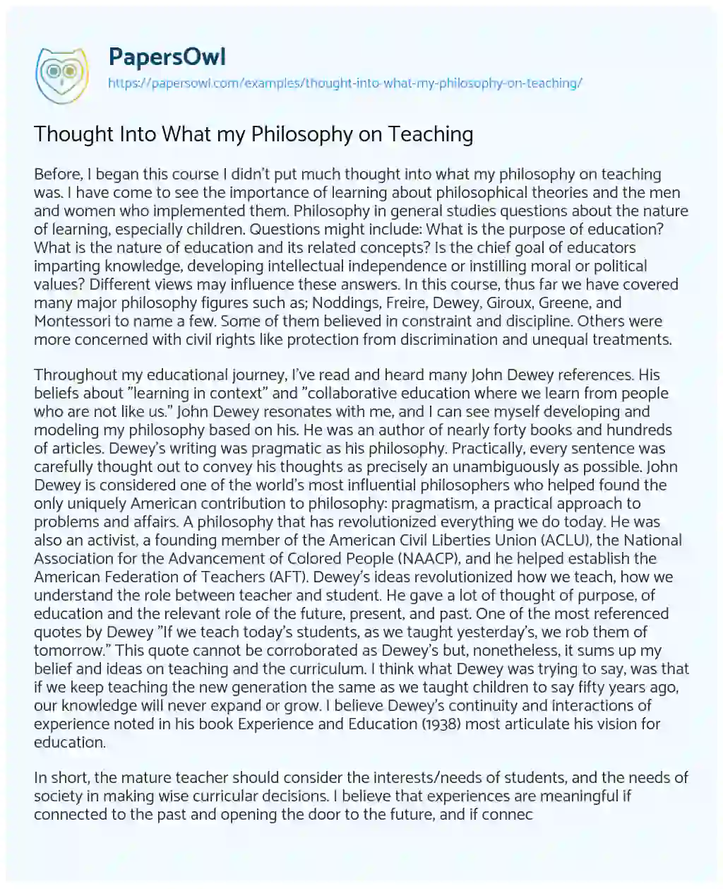 Essay on Thought into what my Philosophy on Teaching