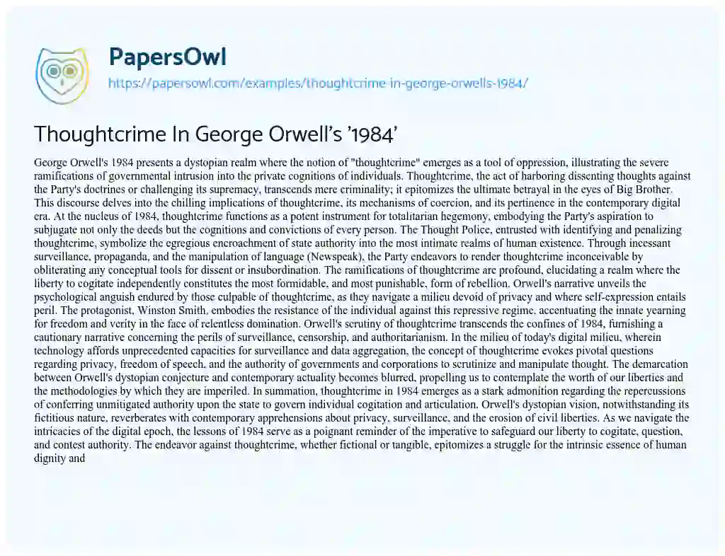 Essay on Thoughtcrime in George Orwell’s ‘1984’