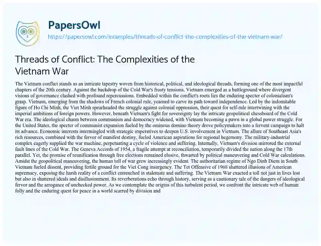 Essay on Threads of Conflict: the Complexities of the Vietnam War