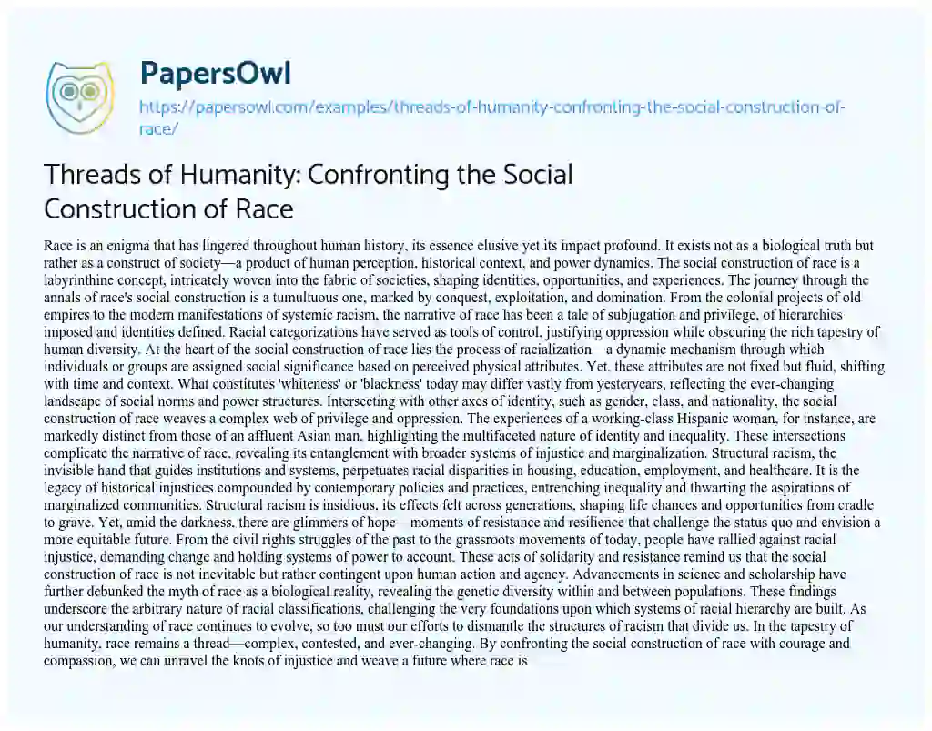 Essay on Threads of Humanity: Confronting the Social Construction of Race