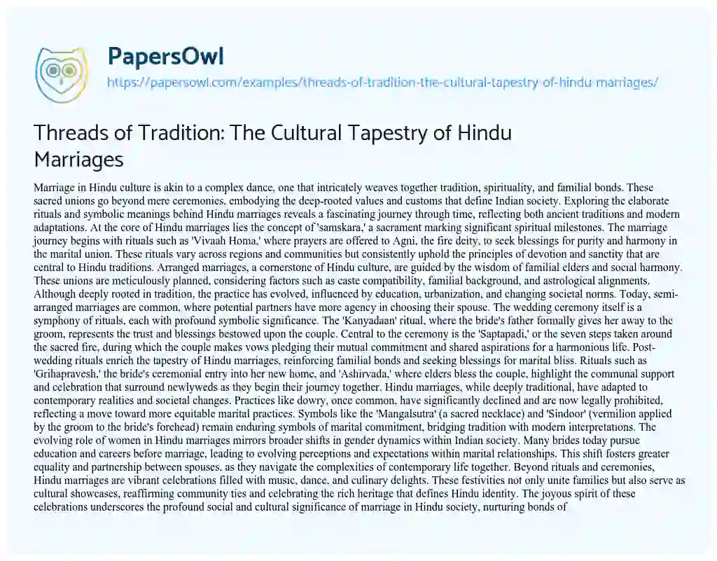 Essay on Threads of Tradition: the Cultural Tapestry of Hindu Marriages