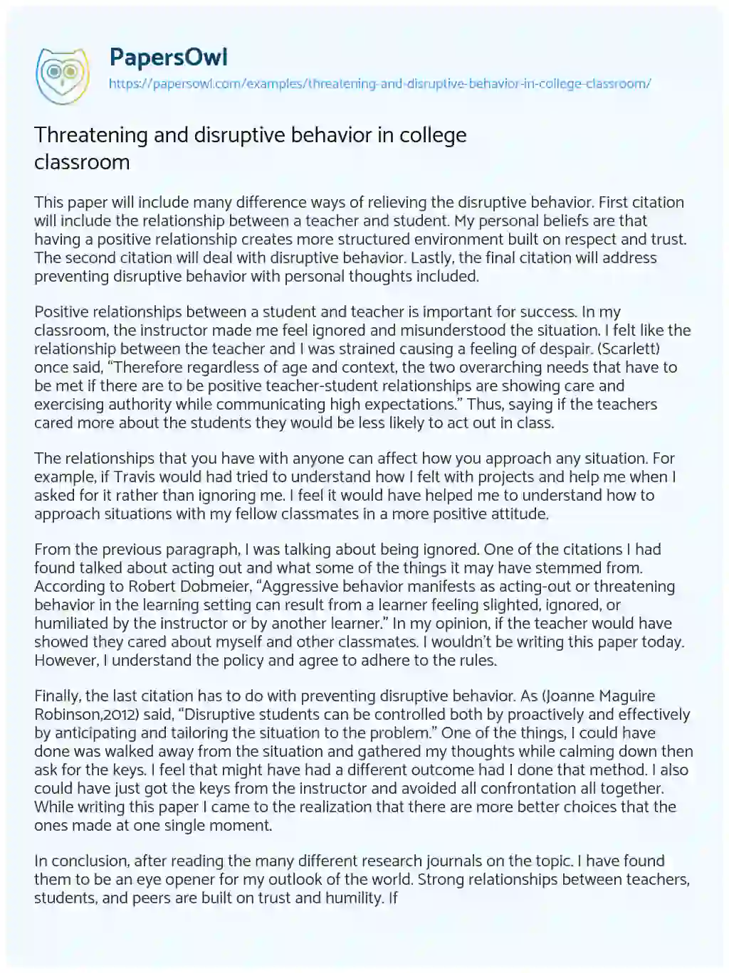 Essay on Threatening and Disruptive Behavior in College Classroom