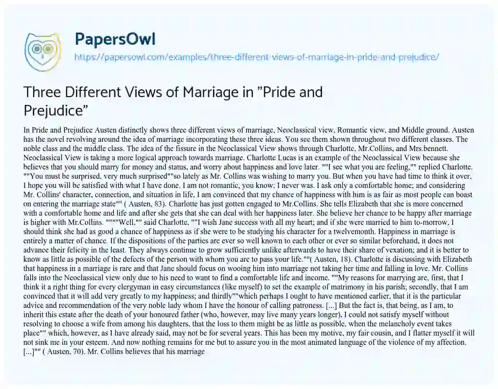 Essay on Three Different Views of Marriage in “Pride and Prejudice”