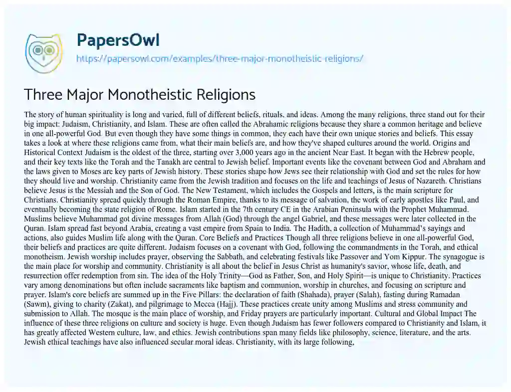 Essay on Three Major Monotheistic Religions