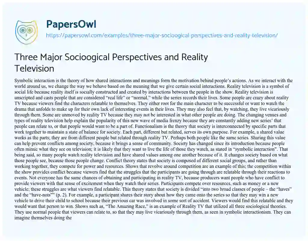 Essay on Three Major Socioogical Perspectives and Reality Television