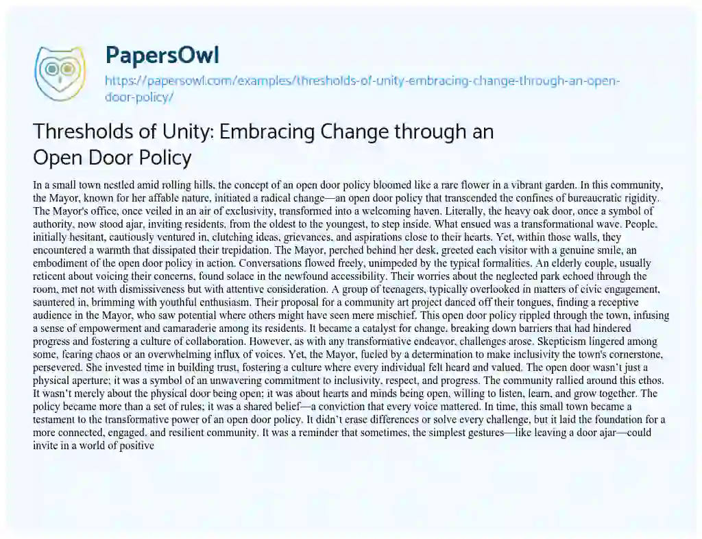 Essay on Thresholds of Unity: Embracing Change through an Open Door Policy