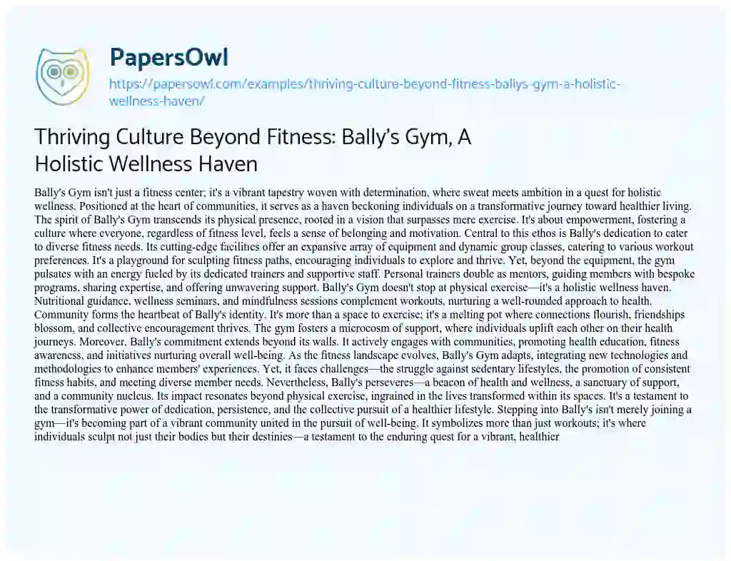 Essay on Thriving Culture Beyond Fitness: Bally’s Gym, a Holistic Wellness Haven