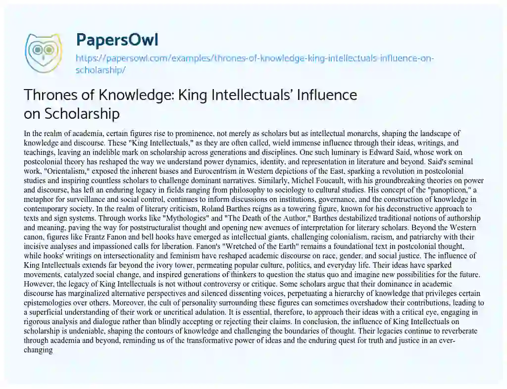 Essay on Thrones of Knowledge: King Intellectuals’ Influence on Scholarship