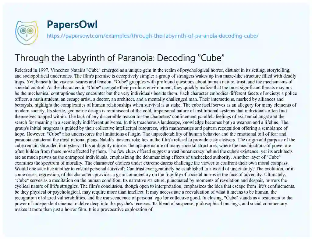 Essay on Through the Labyrinth of Paranoia: Decoding “Cube”