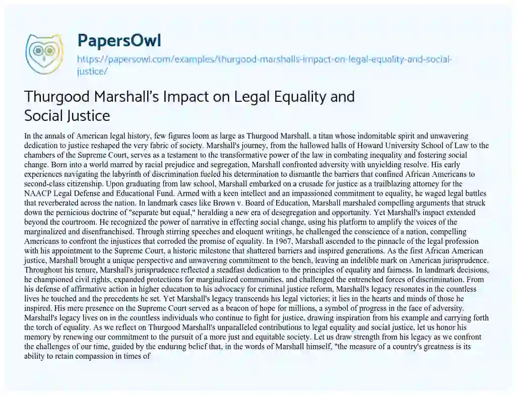 Essay on Thurgood Marshall’s Impact on Legal Equality and Social Justice