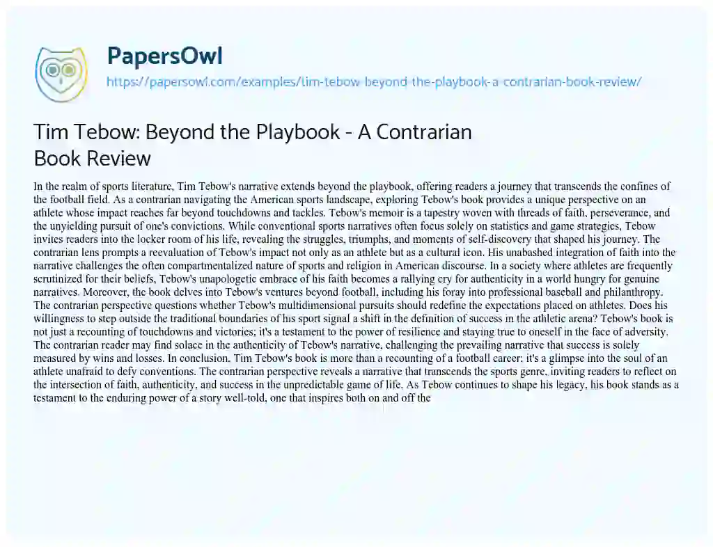 Essay on Tim Tebow: Beyond the Playbook – a Contrarian Book Review