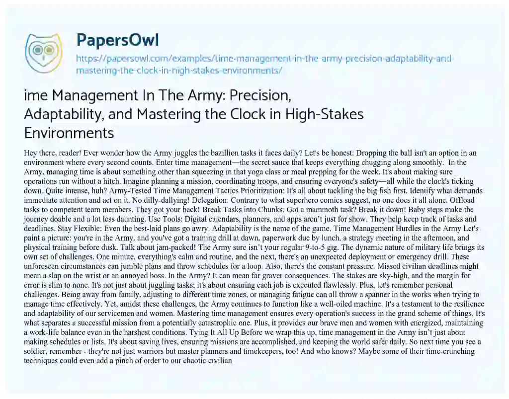 Essay on Ime Management in the Army: Precision, Adaptability, and Mastering the Clock in High-Stakes Environments