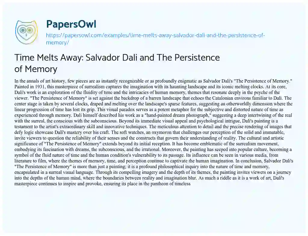 Essay on Time Melts Away: Salvador Dali and the Persistence of Memory
