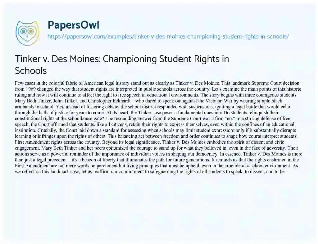 Essay on Tinker V. Des Moines: Championing Student Rights in Schools