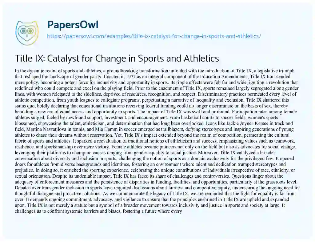 Essay on Title IX: Catalyst for Change in Sports and Athletics