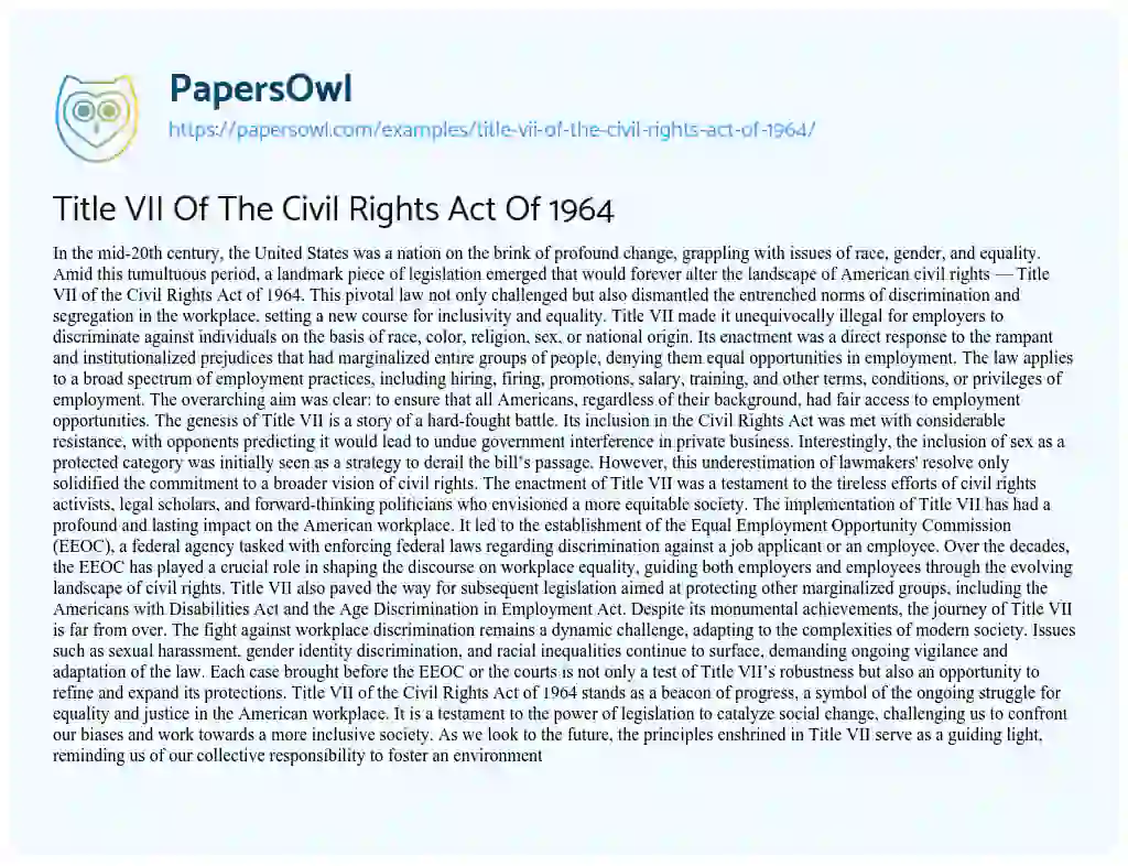 Essay on Title VII of the Civil Rights Act of 1964