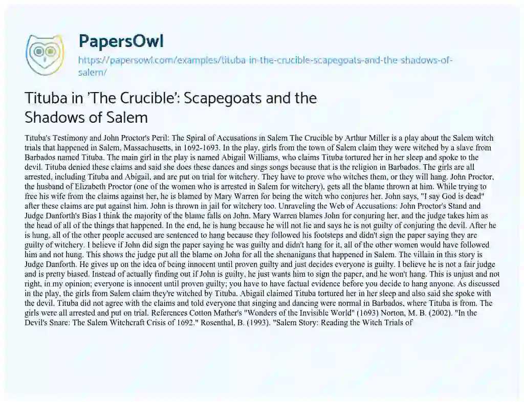 Essay on Tituba in ‘The Crucible’: Scapegoats and the Shadows of Salem