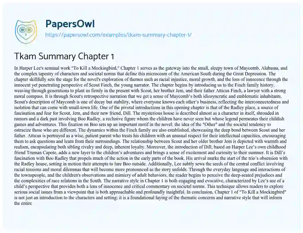 Tkam Summary Chapter 1 - Free Essay Example - 625 Words | PapersOwl.com