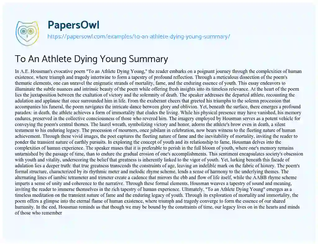 Essay on To an Athlete Dying Young Summary