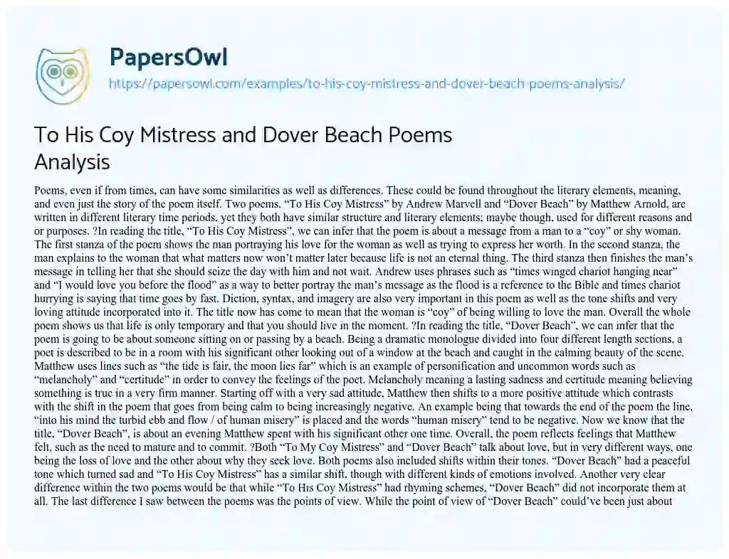 To his Coy Mistress and Dover Beach Poems Analysis essay