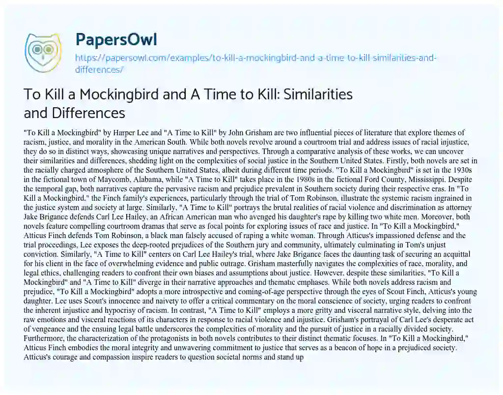 Essay on To Kill a Mockingbird and a Time to Kill: Similarities and Differences