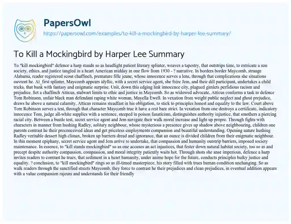 Essay on To Kill a Mockingbird by Harper Lee Summary