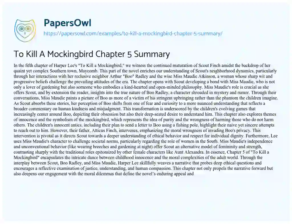Essay on To Kill a Mockingbird Chapter 5 Summary