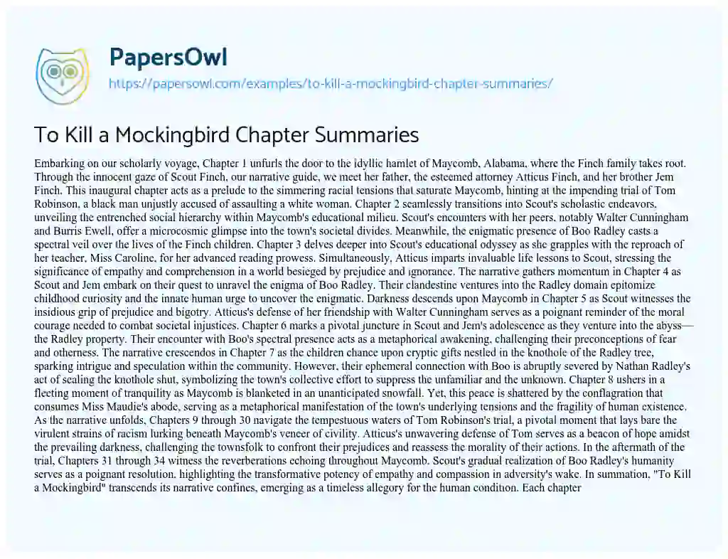 Essay on To Kill a Mockingbird Chapter Summaries