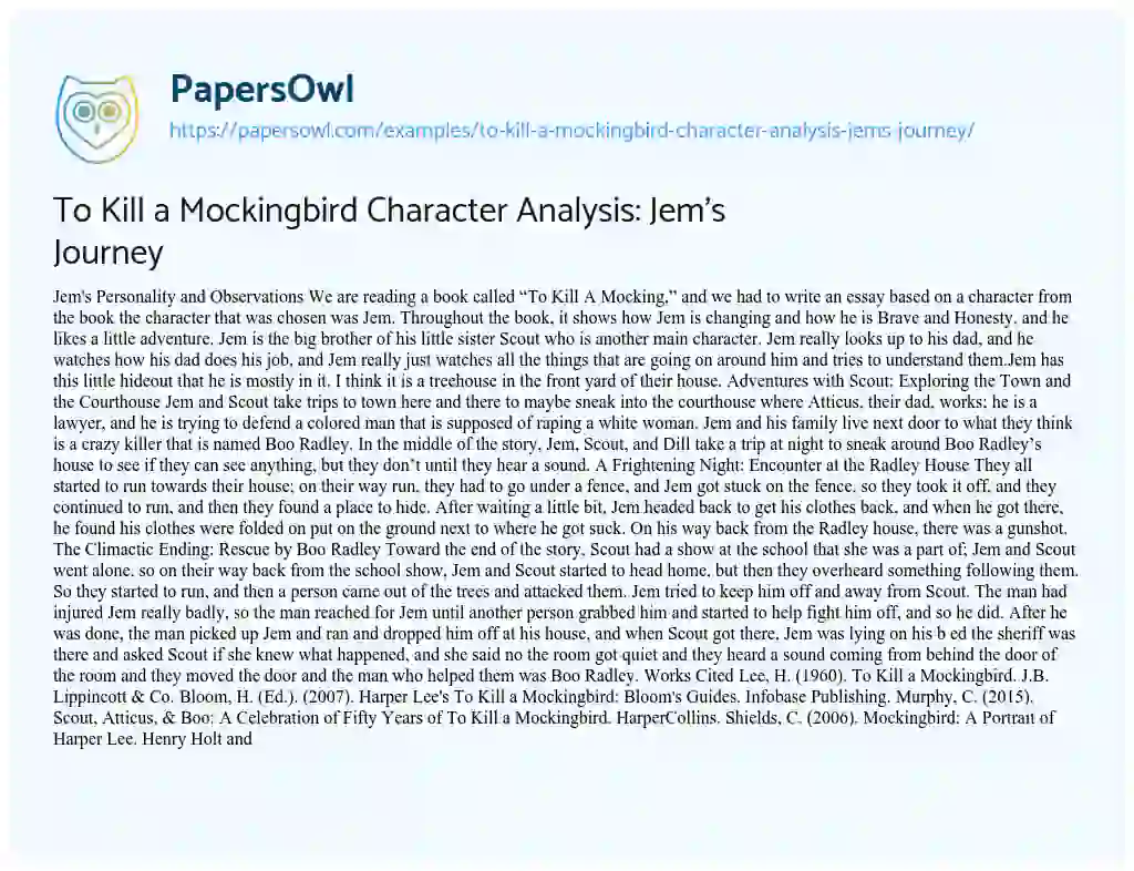Essay on To Kill a Mockingbird Character Analysis: Jem’s Journey