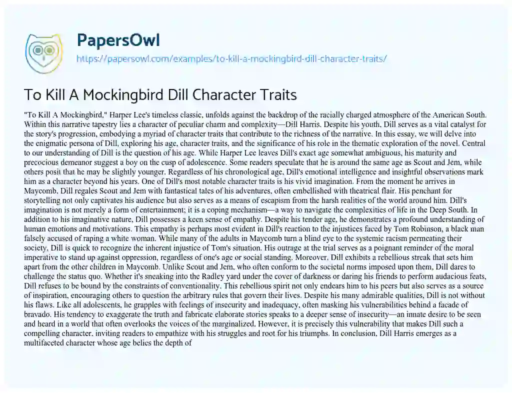 Essay on To Kill a Mockingbird Dill Character Traits