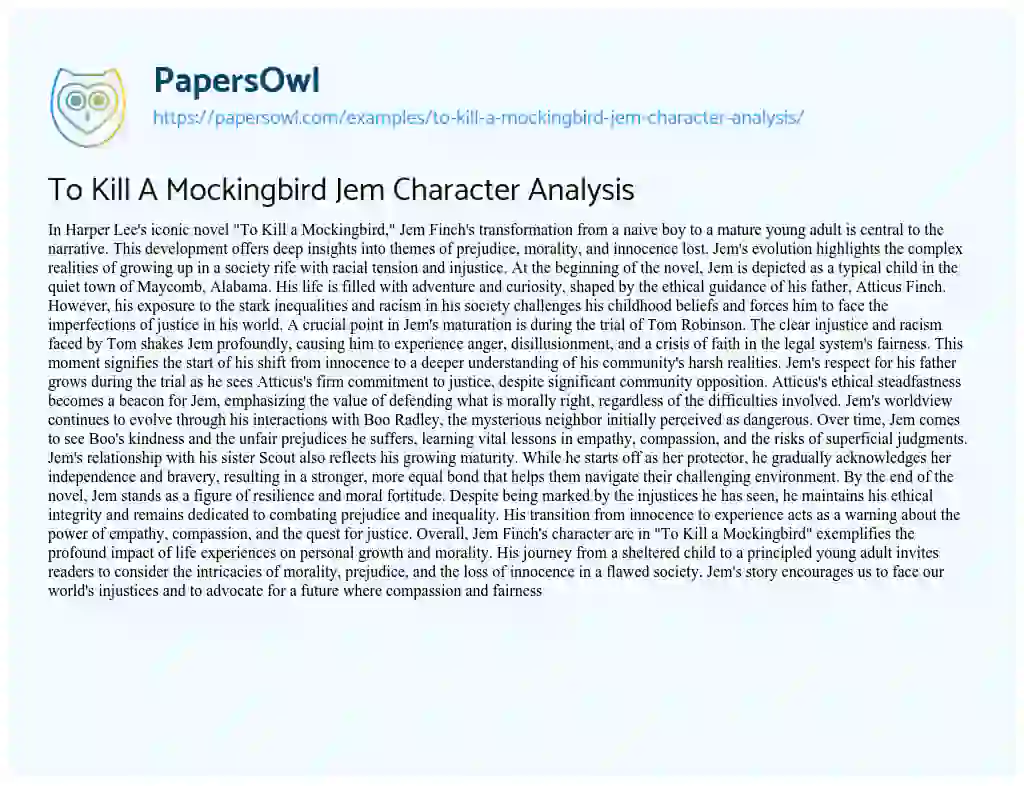 Essay on To Kill A Mockingbird Jem Character Analysis