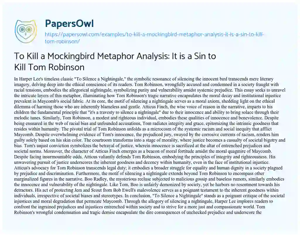 Essay on To Kill a Mockingbird Metaphor Analysis: it is a Sin to Kill Tom Robinson