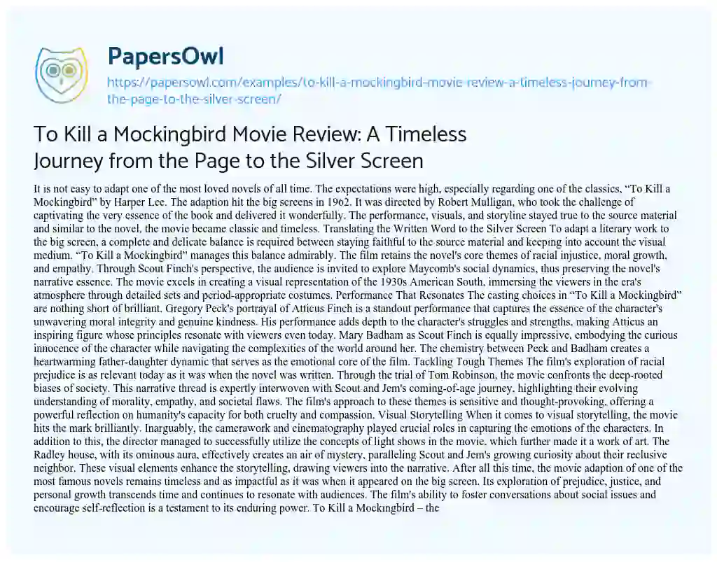 Essay on To Kill a Mockingbird Movie Review: a Timeless Journey from the Page to the Silver Screen