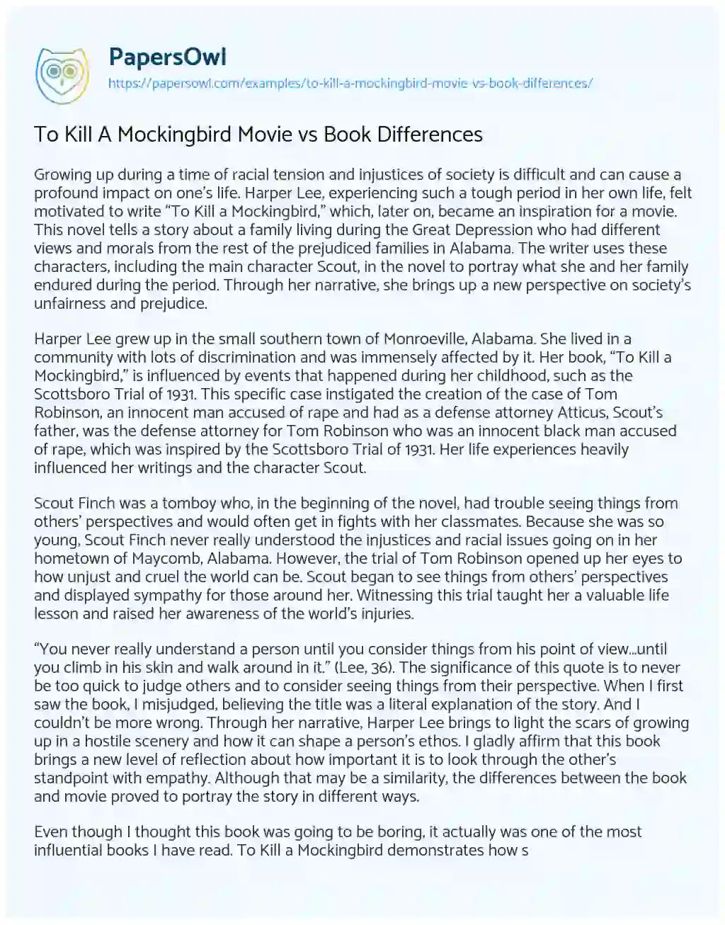 To Kill a Mockingbird Movie Vs Book Differences essay