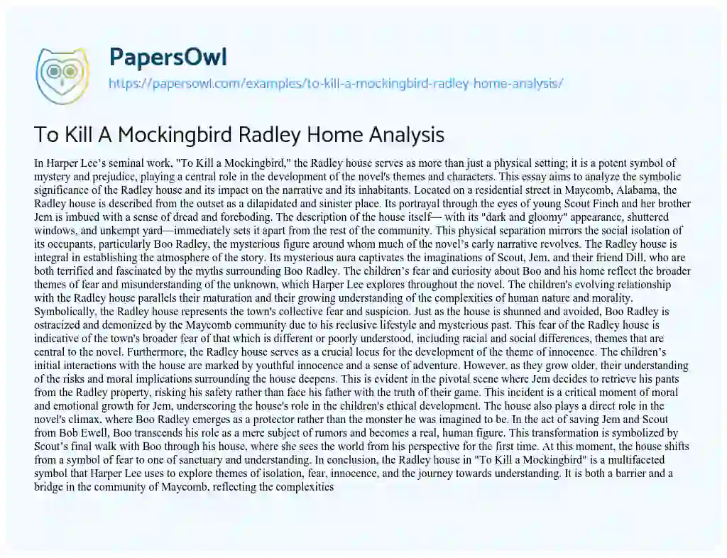 Essay on To Kill a Mockingbird Radley Home Analysis