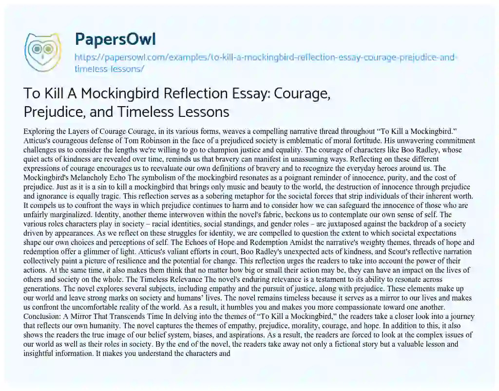 Essay on To Kill a Mockingbird Reflection Essay: Courage, Prejudice, and Timeless Lessons