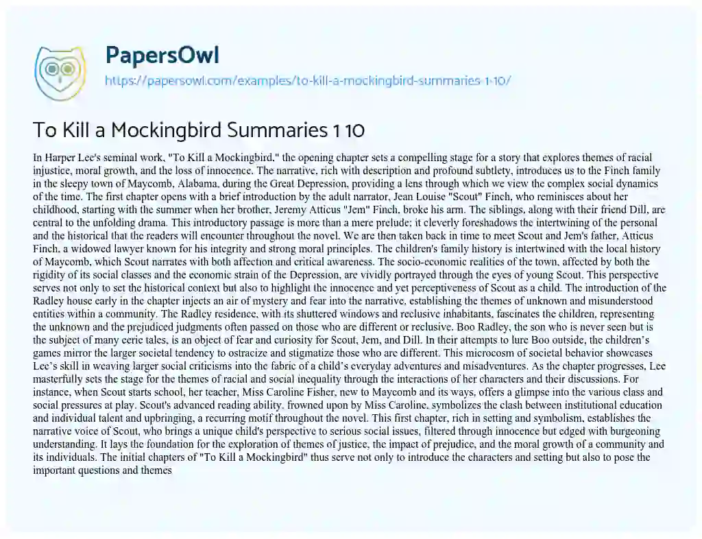 Essay on To Kill a Mockingbird Summaries 1 10