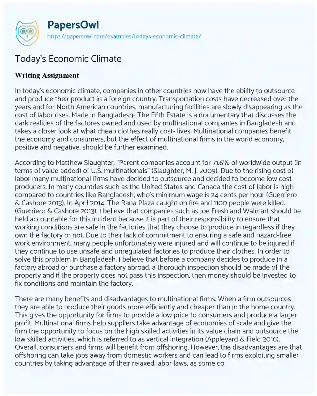 Today’s Economic Climate essay