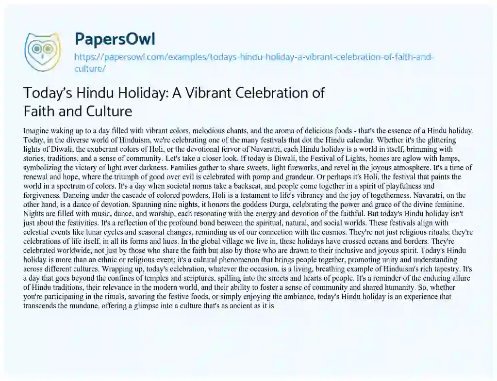 Essay on Today’s Hindu Holiday: a Vibrant Celebration of Faith and Culture
