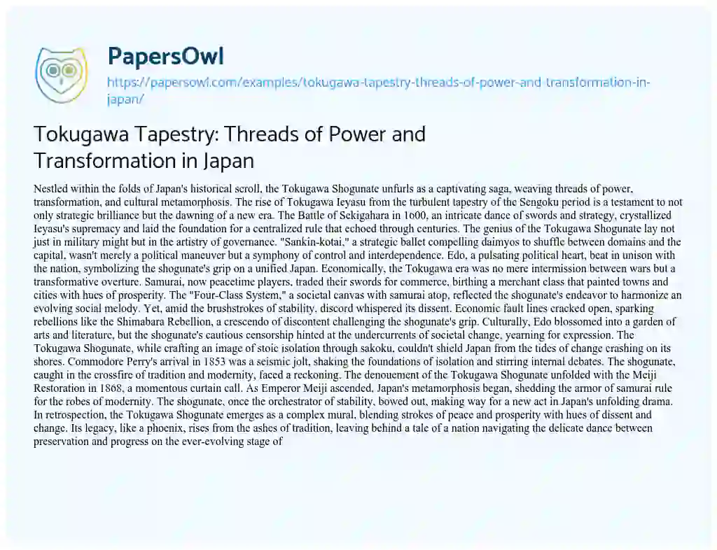 Essay on Tokugawa Tapestry: Threads of Power and Transformation in Japan