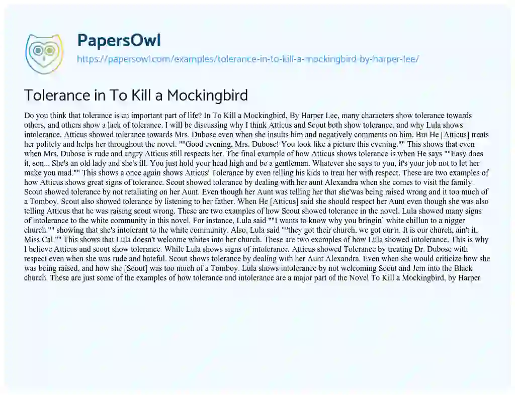 Essay on Tolerance in to Kill a Mockingbird