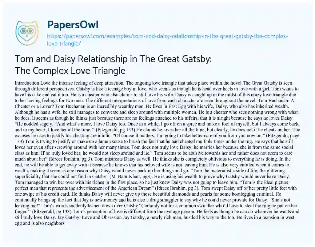 Essay on Tom and Daisy Relationship in the Great Gatsby: the Complex Love Triangle