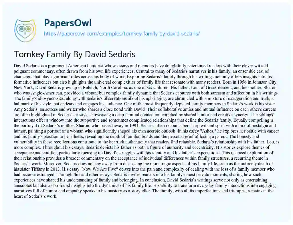 Essay on Tomkey Family by David Sedaris