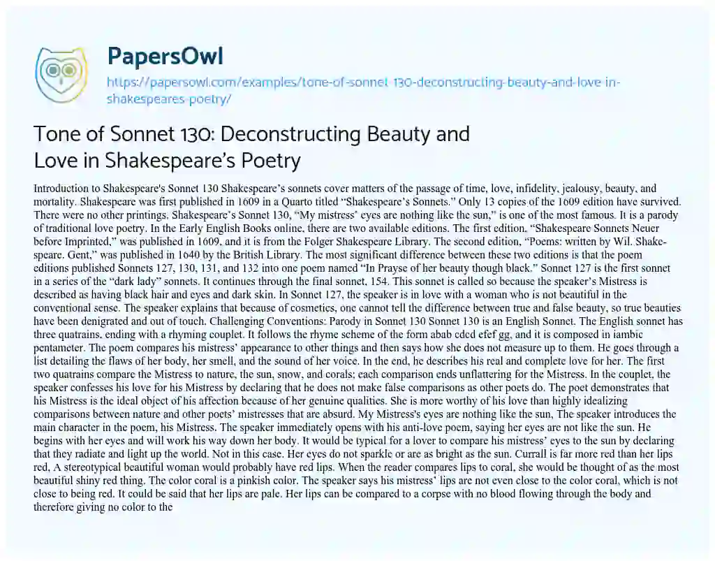 Essay on Tone of Sonnet 130: Deconstructing Beauty and Love in Shakespeare’s Poetry