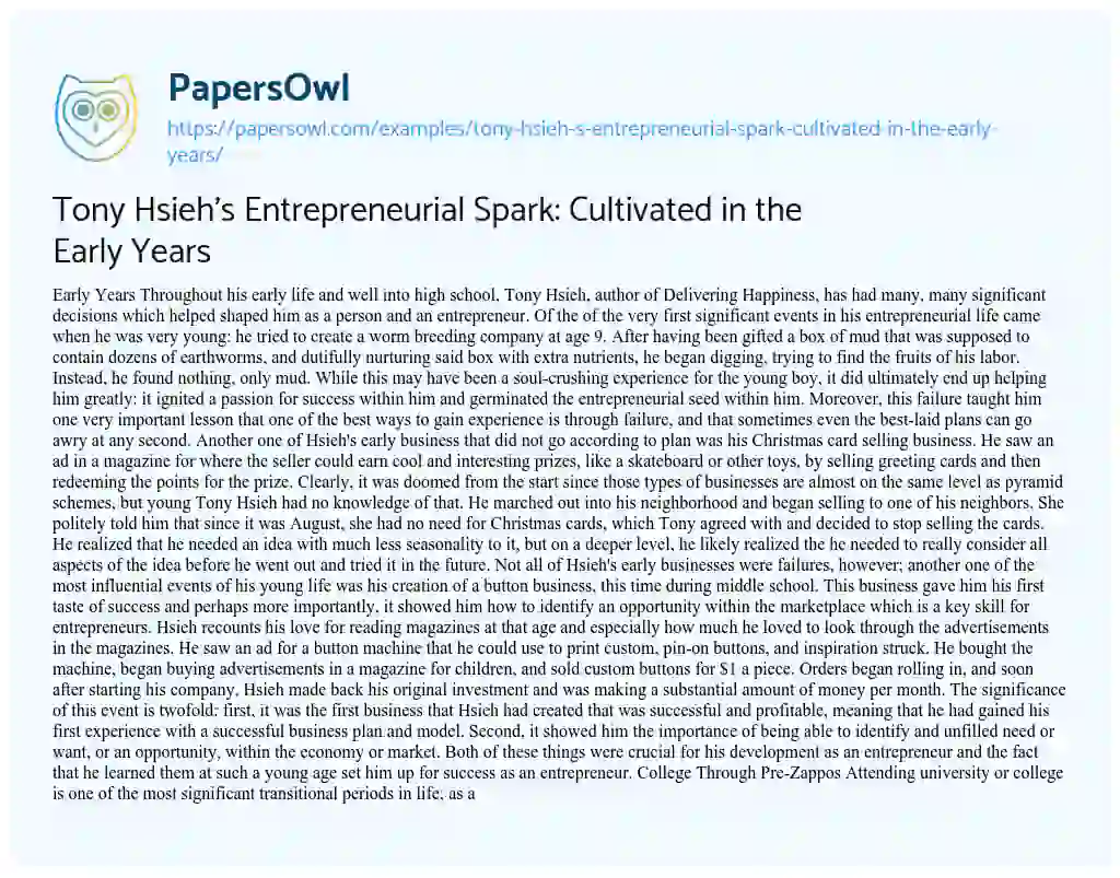 Essay on Tony Hsieh’s Entrepreneurial Spark: Cultivated in the Early Years