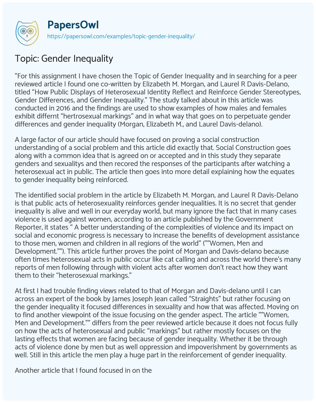 Topic: Gender Inequality Topic: Gender Inequality essay